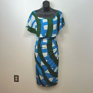 Tracy Reese Blue Green and White Bodycon Maxi Dress Size 0 Silk